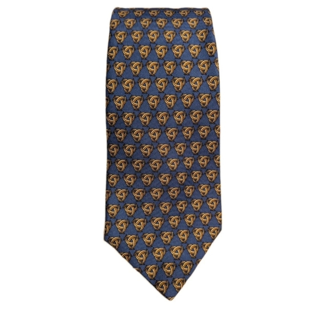 Hermès Paris 100% Silk Tie Blue Gold Woven Knot Pattern Made in France 56”